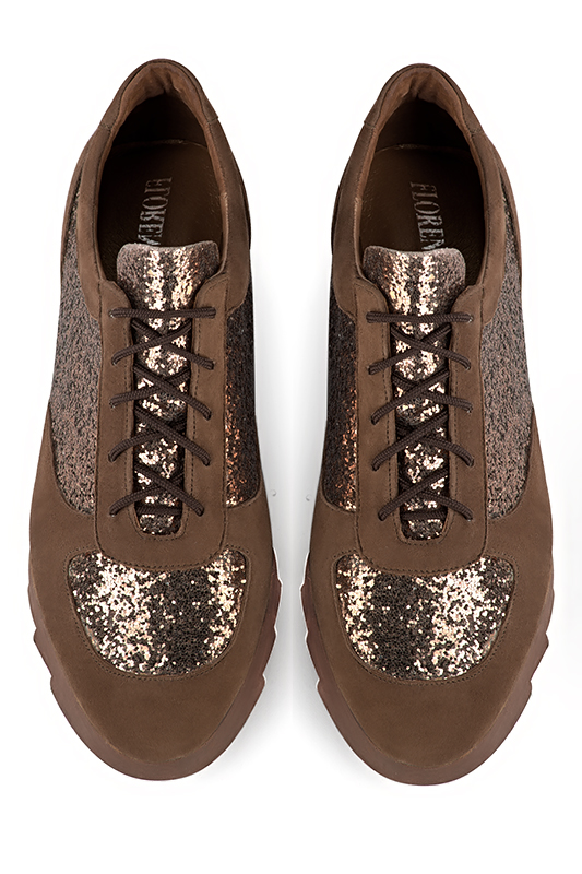 Chocolate brown and bronze gold women's one-tone elegant sneakers. Round toe. Low rubber soles. Top view - Florence KOOIJMAN